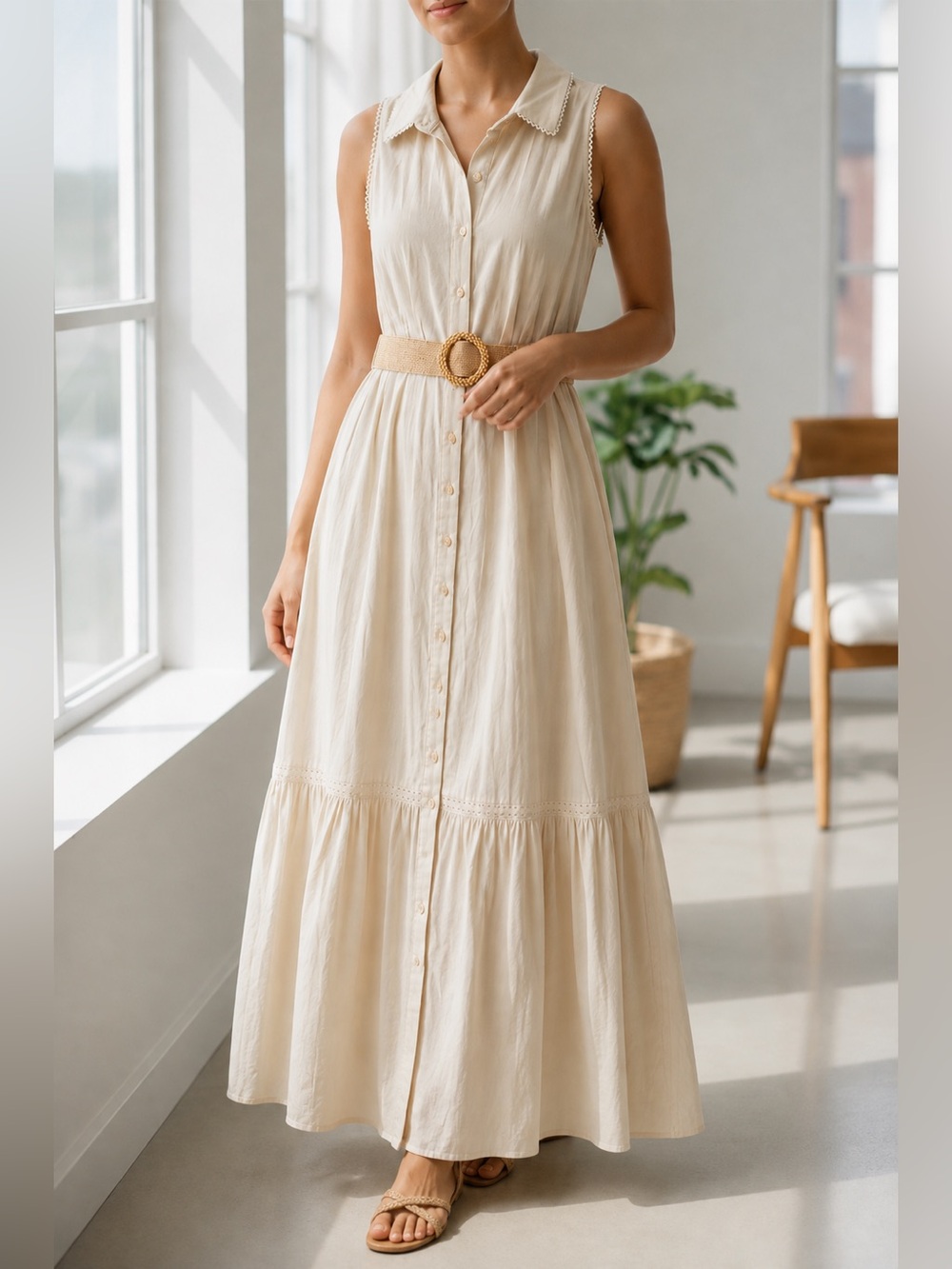 Taylor Sleeveless Button-Front Maxi Dress in Cream